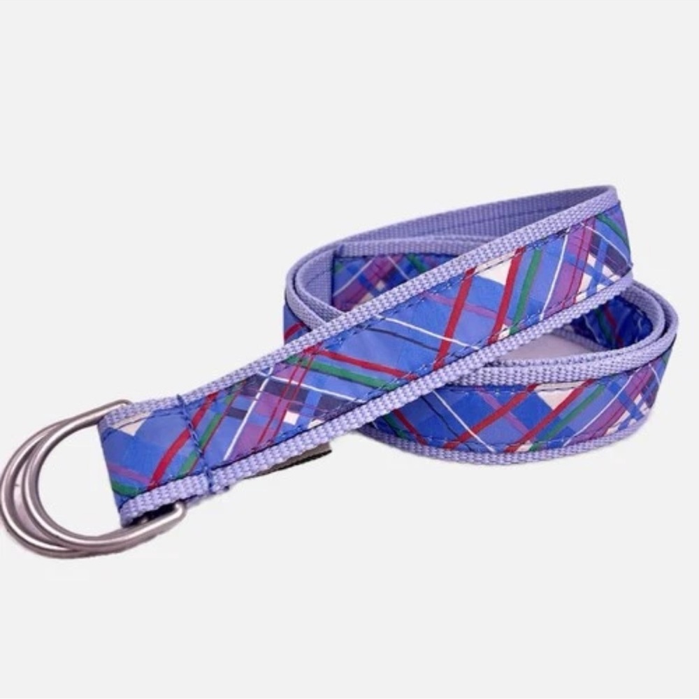 LL Bean Womens Size XS-S Belt Blue Plaid Madras Ribbon Canvas D-Ring 39”